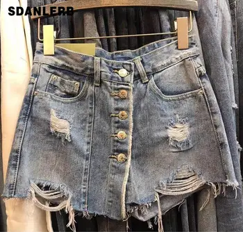 

Summer Women Single Breasted Women Mini Denim Skirts Fashion Hole A-Line Slim Package Hip Jeans Skirts