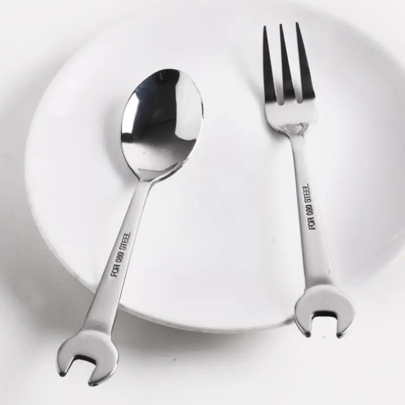 

Creative Wrench Shape Stainless Steel Tableware Tea Coffee Spoon Ice Cream Dessert Spoon Fruit Salad Forks Silver Cutlery