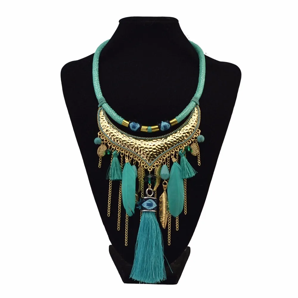 Модное богемное этническое винтажное кожаное ожерелье с цепочкой из полимерных бусин, ожерелье с зеленым камнем, перьями, кисточками и крыльями для женщин - Окраска металла: N-6823-GR