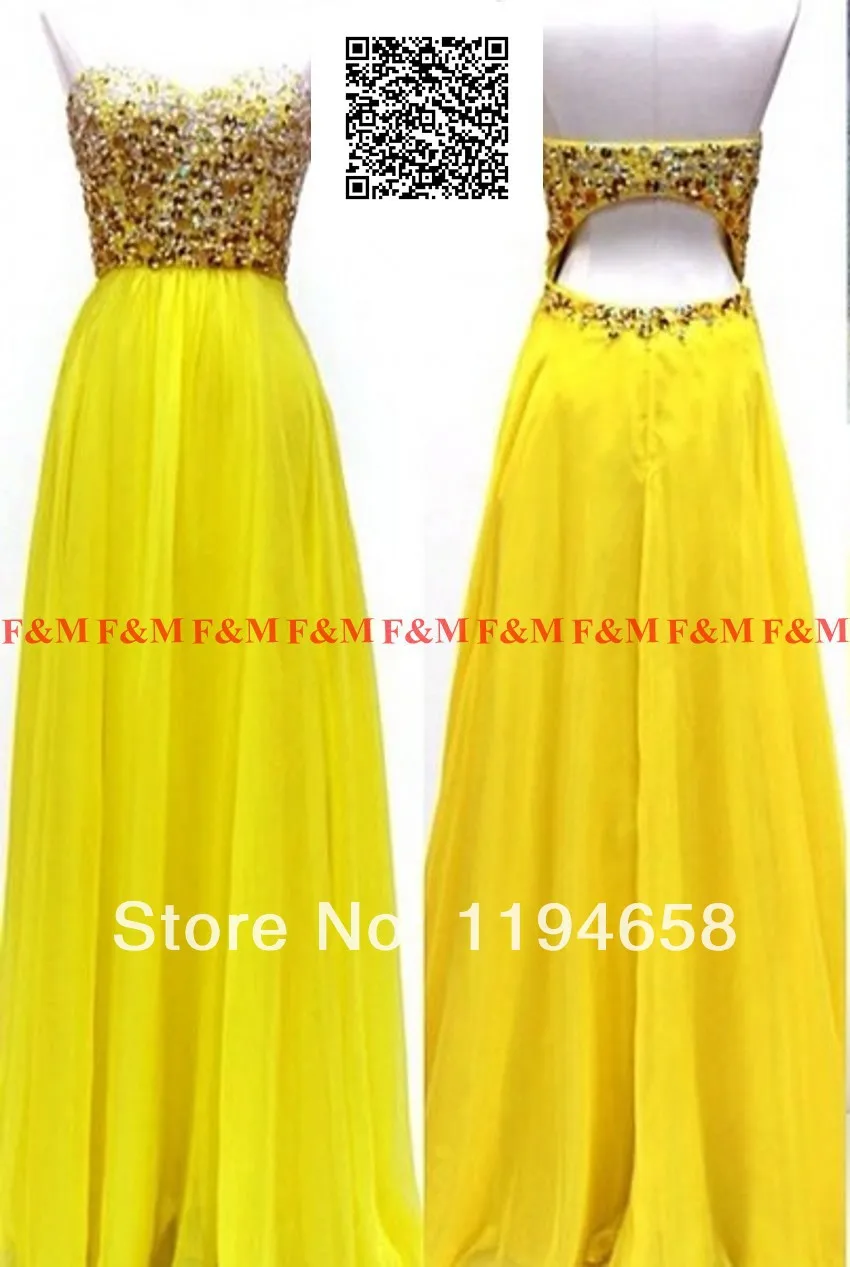 2014 New Fashion Elegant Chiffon Sweetheart Beaded Floor Length Evening Dress Long Yellow Prom With Open Back F&ampM958 | Свадьбы и