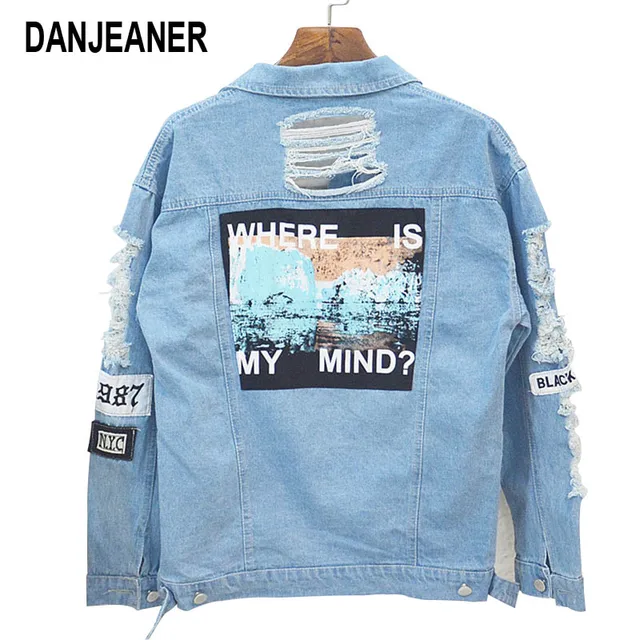 Danjeaner Where is My Mind? Korea Retro Washing Frayed Embroidery Letter Patch Bomber Jacket Blue Ripped Distressed Denim Coats