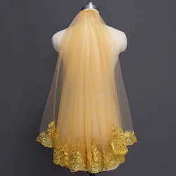 Bling Sequins Lace Gold Wedding Veil One Layer Short Colorful Bridal Veil with Comb Voile Mariage Wedding Accessories