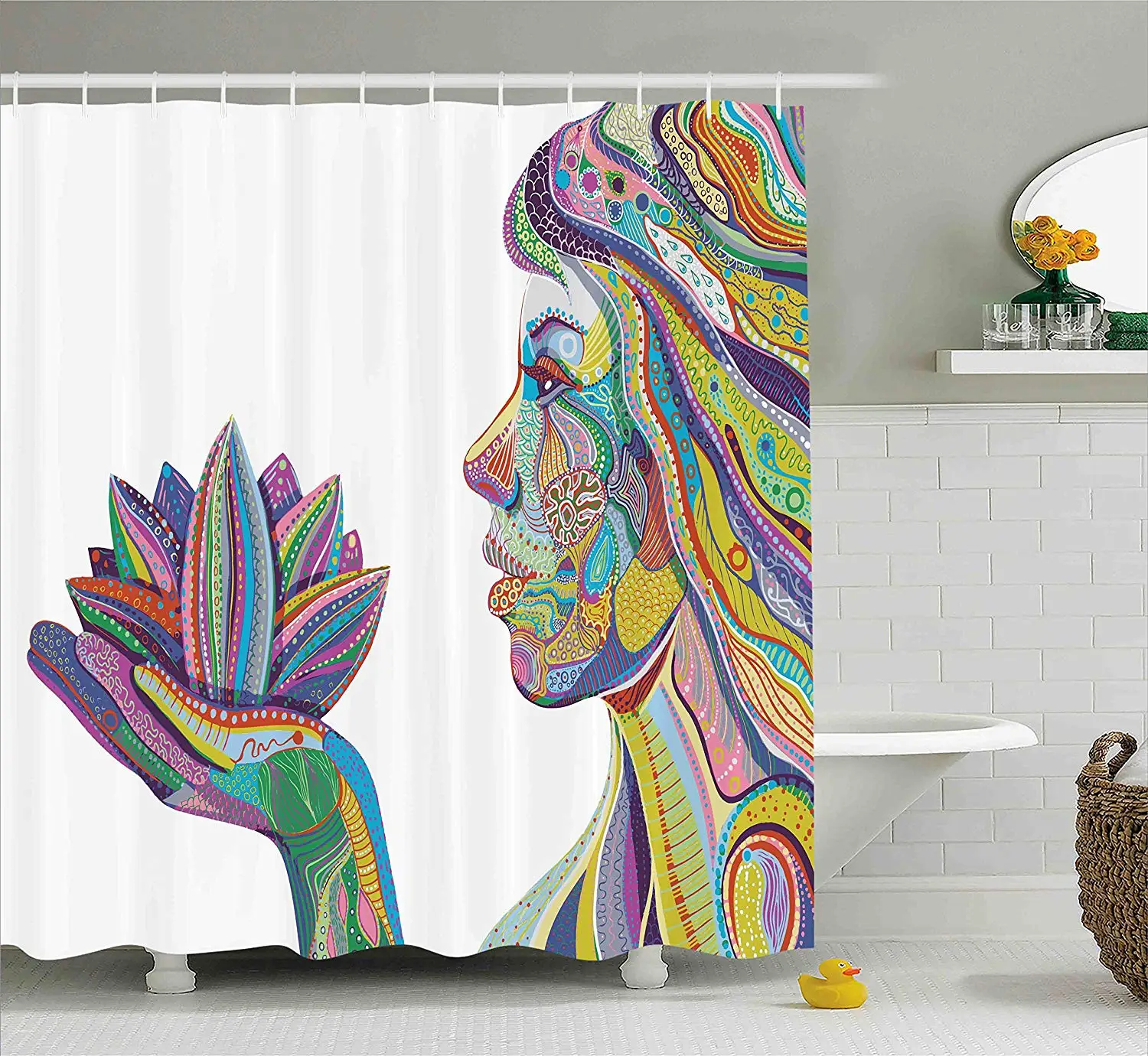 Eastern Shower Curtain Spiritual Yoga Woman with Lotus Flower Figure