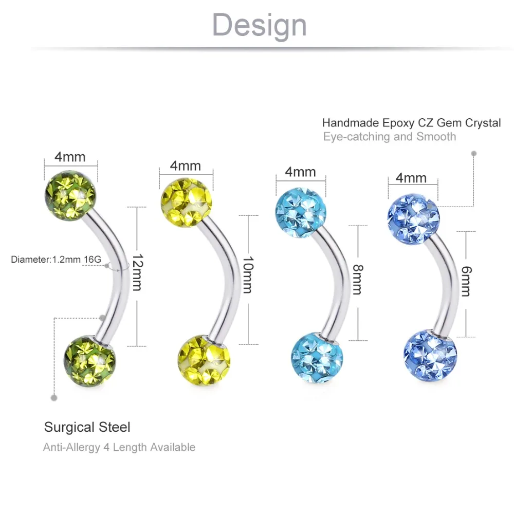 1 шт. эпоксидной Кристалл Ferido мяч кольца для губ изогнутая гантель из нержавеющей стали для бровей Пирсинг для тела ювелирные изделия для Для женщин девочек MD08