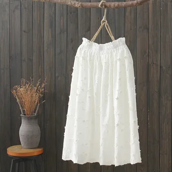 

KYQIAO faldas mujer moda 2020 women summer autumn Japanese style fresh boho ethnic elastic long white embroidery midi skirt