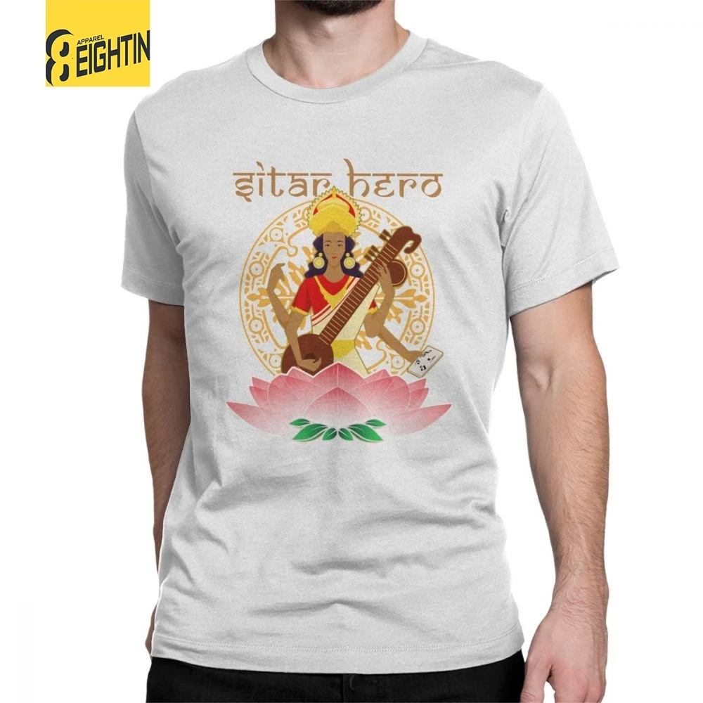 Man Sitar Hero Saraswati Hindu Goddess Of Music T Shirt Vintage O Neck