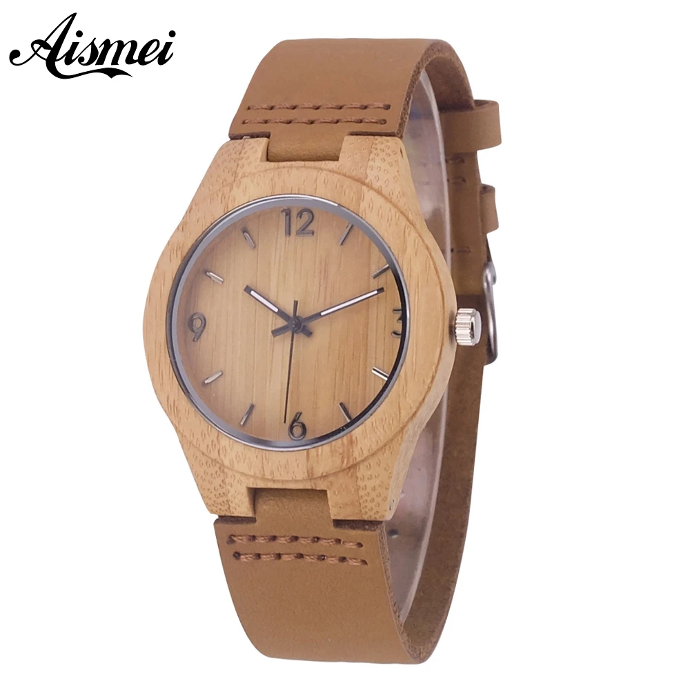 

Fashion Women Wooden Quartz Watches with Genuine Leather Band Modern Nature Bamboo Analog Wrist Watch Relogio feminino