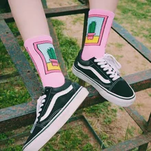 Летние женские носки для скейтборда с крутым рисунком кактуса, забавные высокие носки, хипстер, Харадзюку, женские хлопковые стильные носки для скейта