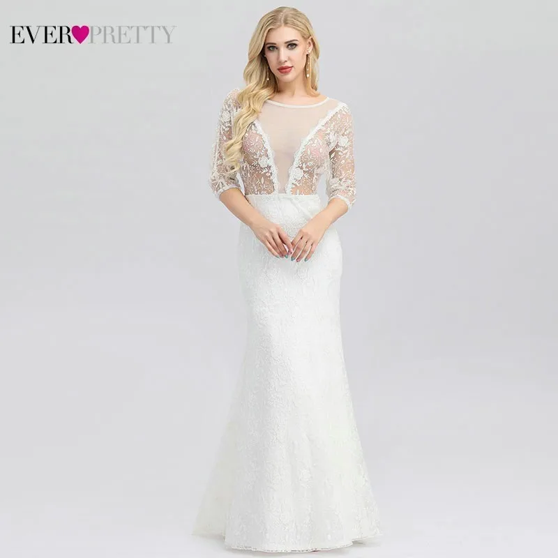 

New Arrival Elegant Lace Mermaid Wedding Dresses Ever Pretty O-Neck 3/4 Sleeve Illusion Sexy Bride Dresses Vestido De Noiva 2019
