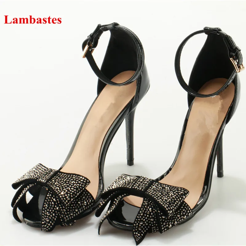 

Patent Leather Balck Peep Toe Crystal Butterfly-Knot Buckle Strap Women Sandals Party Walkway Stiletto Shoes Thin Heel Sandals