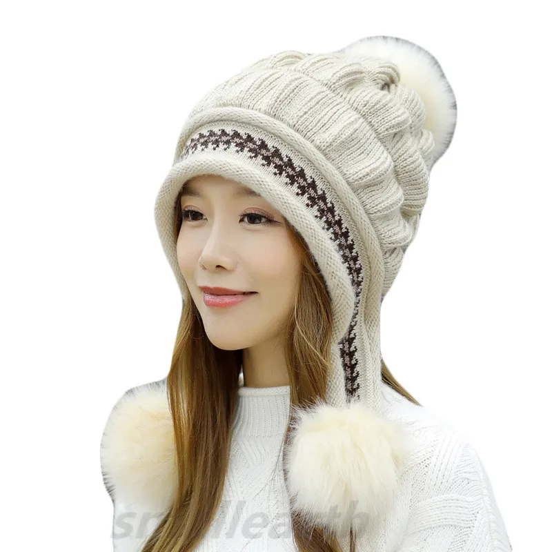 beige hat Шапки Skullies для девочек, утепленные лыжные белая шапка, Новые Модные Меховые помпоны, зимние женские вязаные шапки, женские теплые перчатки+ вязаная шапка - Цвет: beige hat