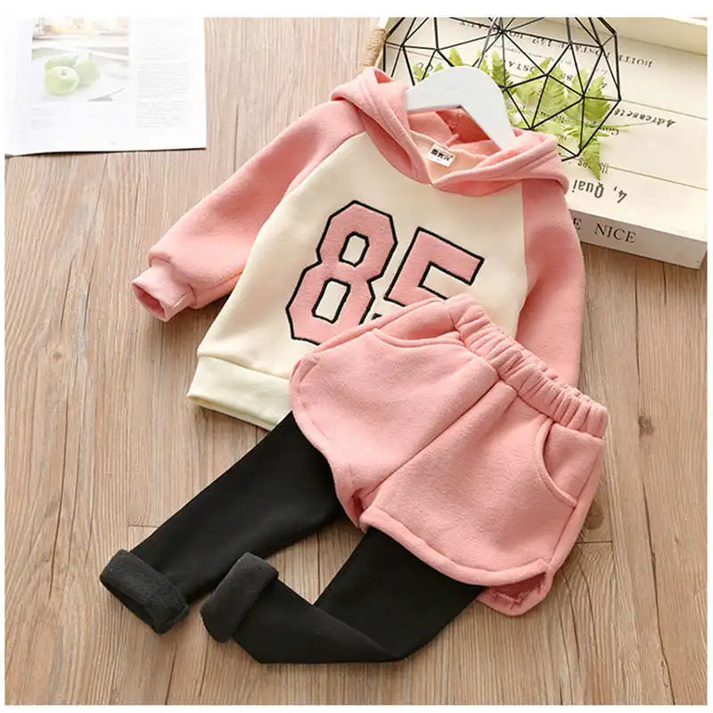 

BibiCola 2019 High Quality Baby Girl Winter Clothes Set Hooded Top Jacket+Pant 2Pcs Number Plus Velvet Thicken Toddler Clothes