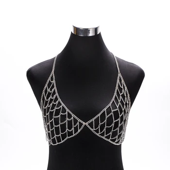 

Sexy Bikini Chainmail Tops Harness Bra Body Chest Chain Silver color Body Jewelry Boho Necklace Girls Gift BY181