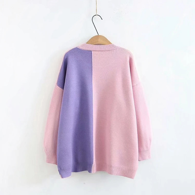 Patchwork Women Sweater Plus Size Casual Round Neck Loose Long Sleeve Hole Tassel Knitted Sweaters Pullovers  KKFY2899