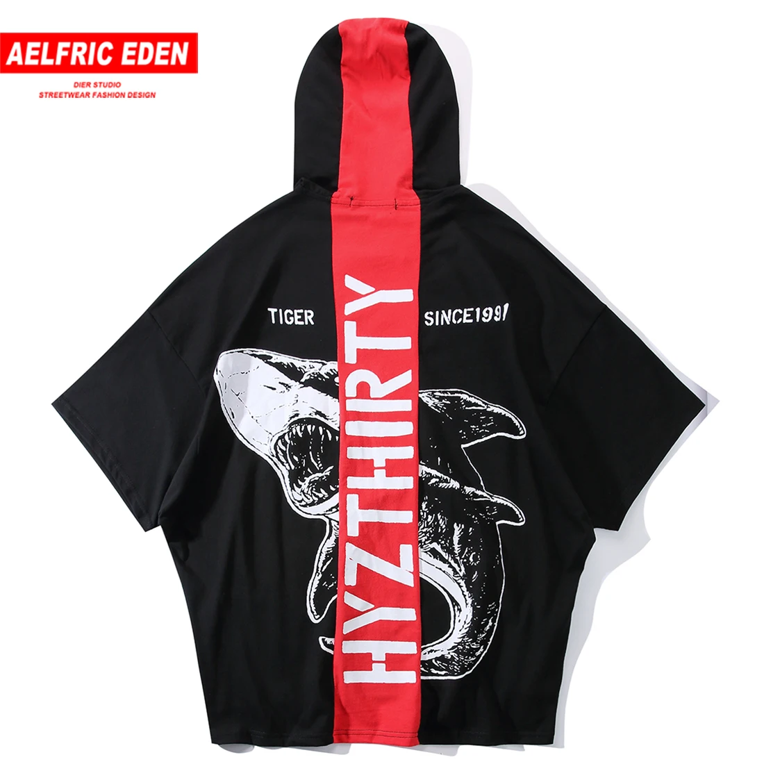 

Aelfric Eden Color Block Pathwork Letter Shark Printed Hoodies T Shirts Mens Summer Harajuku Casual Hip Hop Male Tops Streetwear