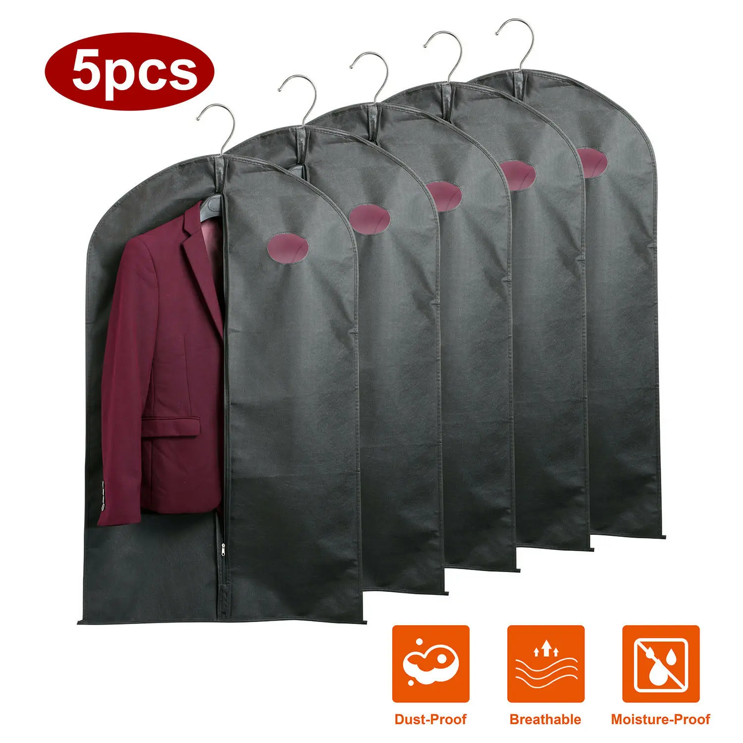 

5pcs/set Clothes Cover Suit Bag Cover Visible Dust-proof Moth Proof Garment Bag Breathable Zipper Dust Cover Storage Bag Durable