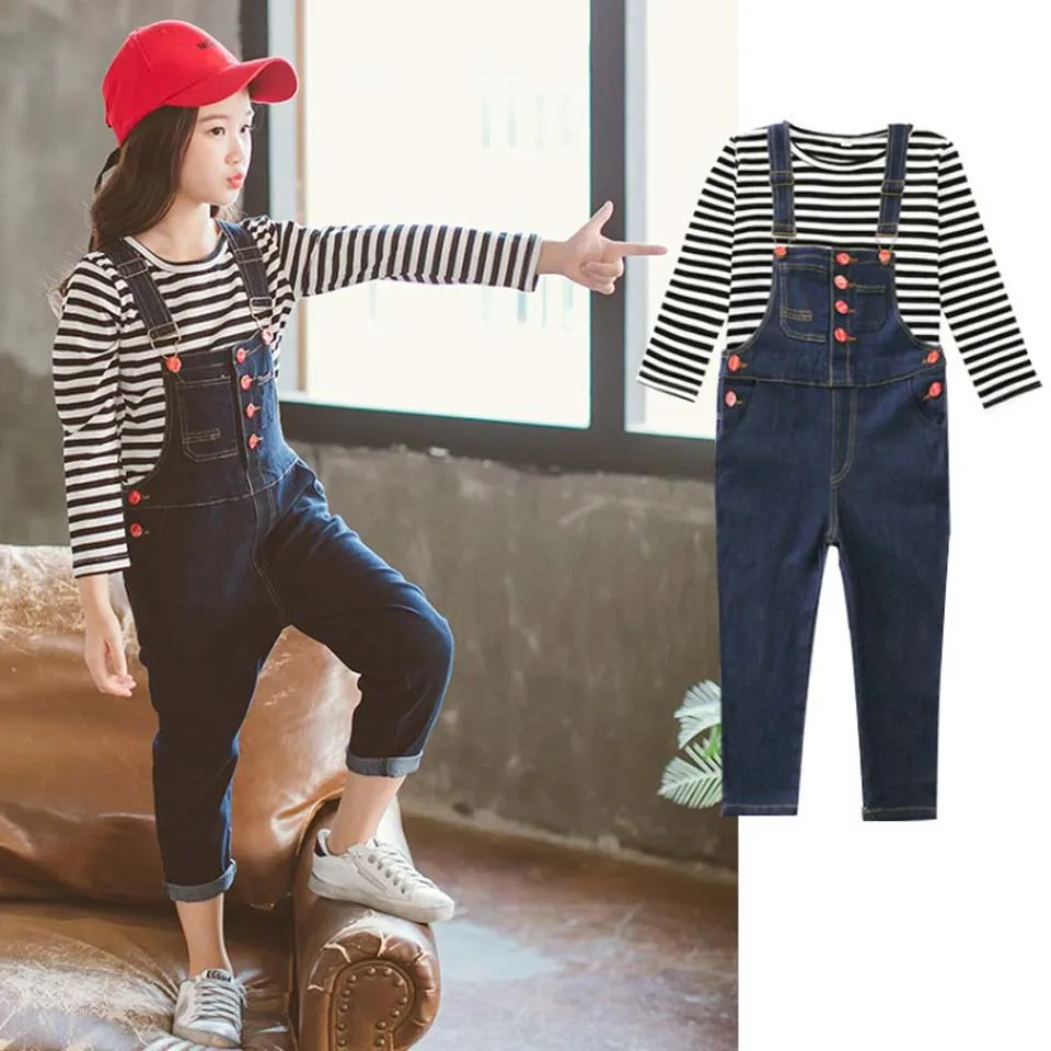 

Teenage Girls Clothing Kids Girls Cotton Stripe T-shirt Set Clothing Costume T-shirt Tops+Denim Overalls Pants 2PCS Casual