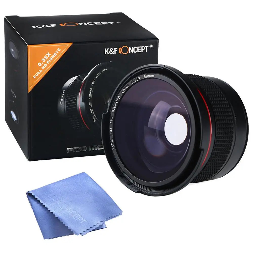 K& F концепция 58 мм 0.35X HD рыбий глаз широкоугольный объектив+ макро крупным планом объектив для Canon и Nikon - Цвет: Lens and Cloth