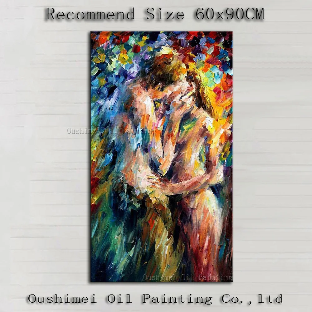 

Hand-painted Modern Abstract Palette Knife Oil Painting on Canvas Couple Nude Portrait Lover Kissing Wall Artwork Decorative Art