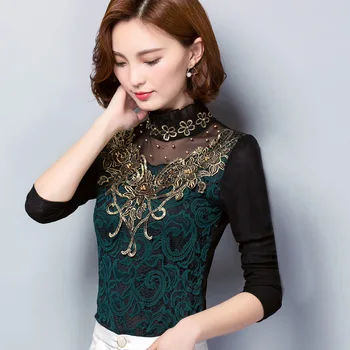 

Women T-shirt Slim Spring and autumn Lace Mesh splice Long sleeve T-shirt Women