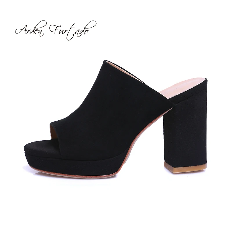 

Arden Furtado 2018 summer high heels 10cm slip on green pink red platform sexy small size 33 peep toe slippers fashion slides