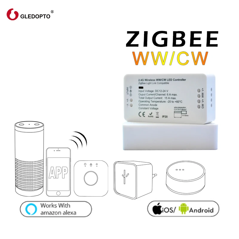 

GLEDOPTO ZIGBEE link light zll WW/CW led strip controller rgbw dimmer dc12-24v smart phone app control work with many gateways