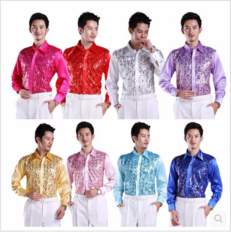 1-00  Men's costumes shirt dress shirt Shiny sequins Men Wedding Groom Shirts banquet party gown Many Color available