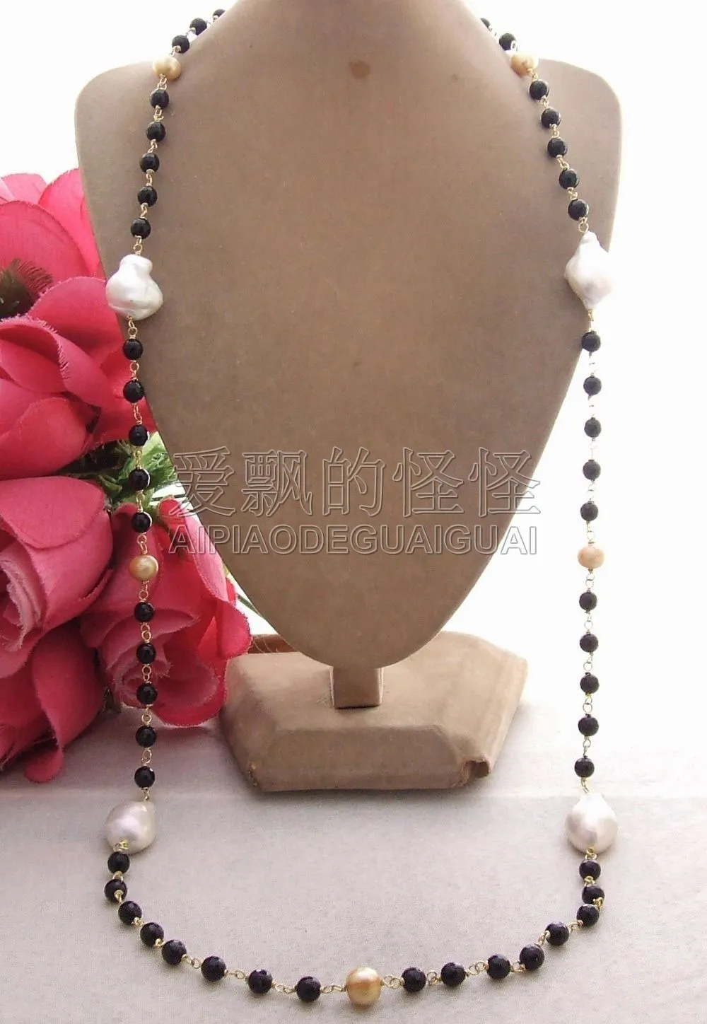 

N101702 35" 20MM Keshi Pearl Onyx Necklace