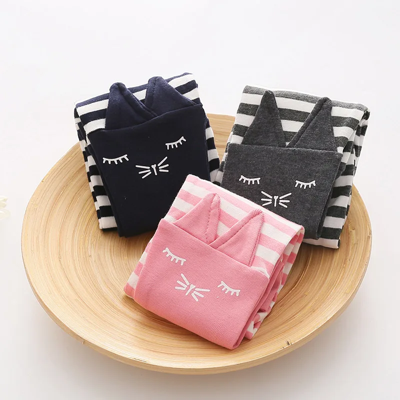 

2018 Spring Autumn 2-10 Years Kids Children Birthday Gift Navy Blue Gray Cotton Striped Spliced Cartoon Cat Girl Baby Leggings