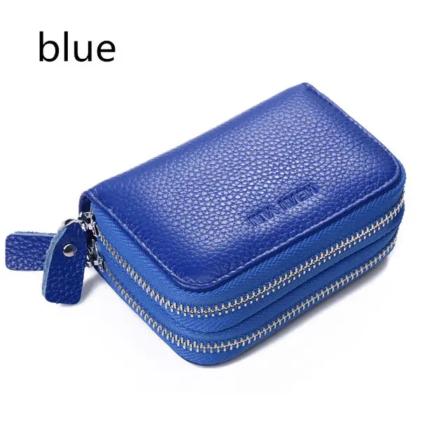 Fashion Women Card Holder Double Zipper Genuine Leather Wallet Credit Cards Case Bag blue