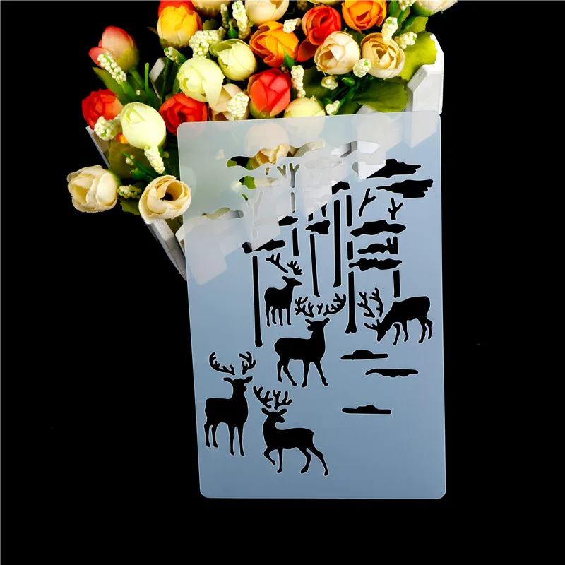 2018 New Merry Christmas Deer Tree Decorative Cookie Stencil Plastic Stencil Coffee Decoration Fondant Template Mold 18*11.5cm,