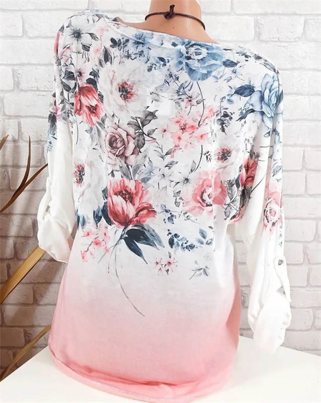 Autumn And Winter Women's Fashion Sexy O-neck Flower printing Long Sleeve Plus Size Shirts Tops