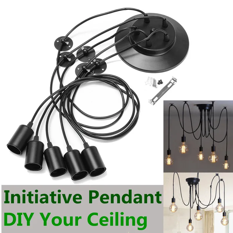 

E27 5 Heads 1.2M Vintage Pendant Lights Retro Pendant Lamp Metal Loft Hanging Light Black Lamp Dining Lighting