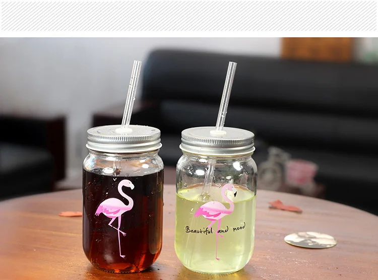 Творческий стакан с Фламинго банка чашка Мейсона с крышкой и соломинкой холодный напиток смузи чашка воды стеклянная чашка