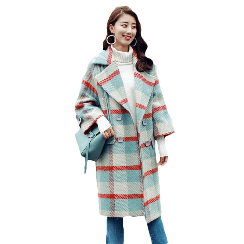 2017 New Cocoon Plaid Wool Coat Female Long Blazer Autumn