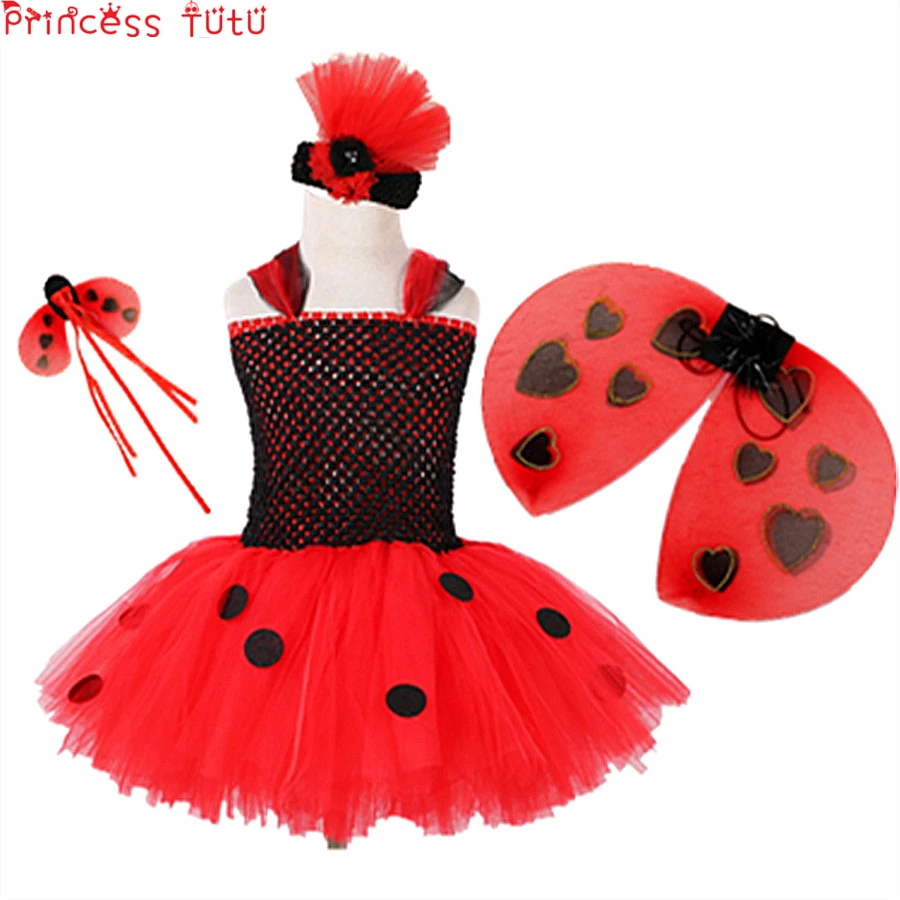 Ladybug Costume Set Girl Tutu Dress Black And Red Halloween Fluffy Knee
