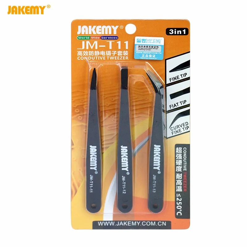 Jakemy Jm-Jm-T11 3In1 Anti-Statica Pinzette Kit Di Calore Resistente A Punta Piatta Curvo Pinzette Set Per Iphone Samsung Computer Portatile Pcb Di Ri