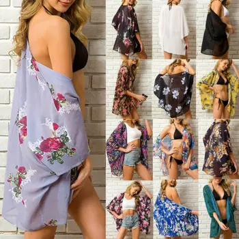 

2019 Summer Women Floral Cardigan Bikini Cover Up Shawl Kimono Chiffon Beach Blouse