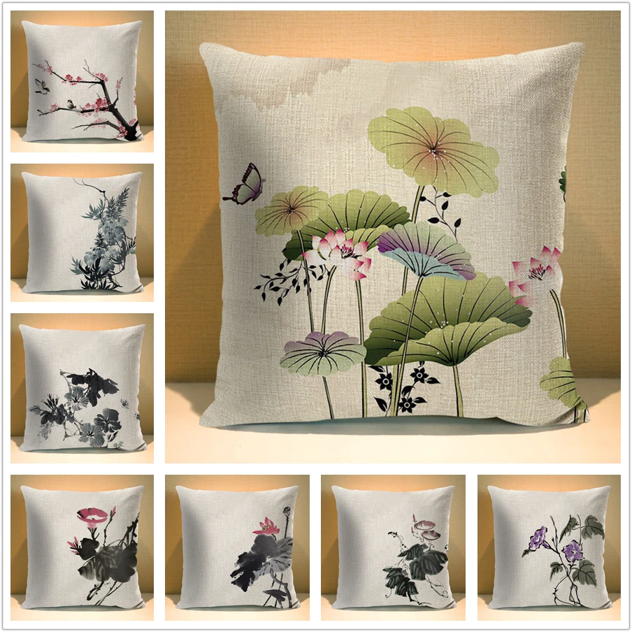 

Chinese Ink Plant Pillow Case Flowers Leaf Linen 45*45 cm Square Cushion Cover for Sofa Home Decorative Printed Throw Pillowcase