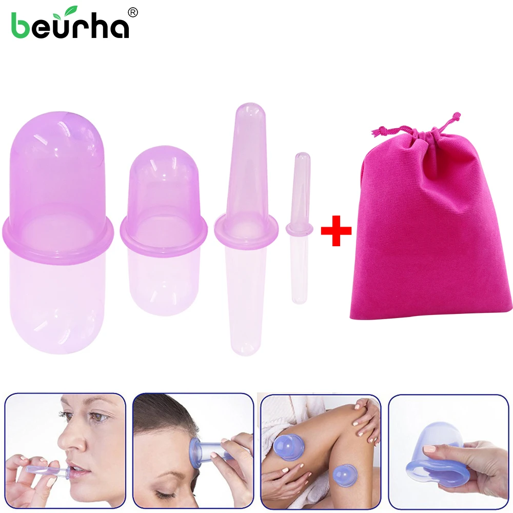 

4pcs Silicone Facial Massage Cupping Set Vacuum Body Massager Cups Cellulite Therapy Face Suction Cups Kit Body Helper With Bag