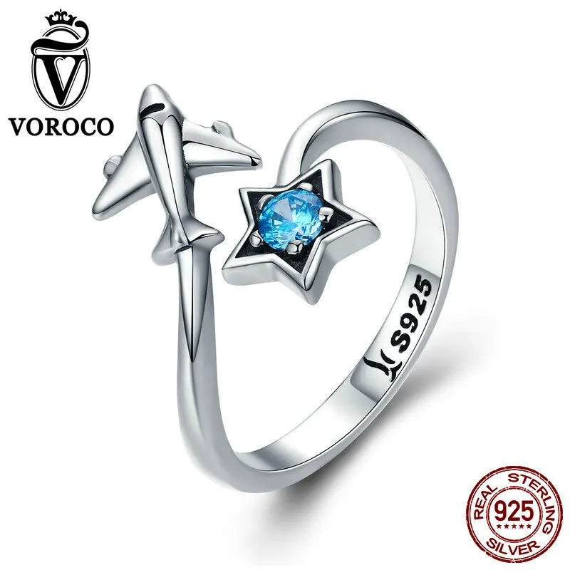 

VOROCO Glitter Blue Zirconia Ring Authentic 925 Sterling Silver Cute Airplane Rings Woman Female Anniversary Fine Jewelry BKR322