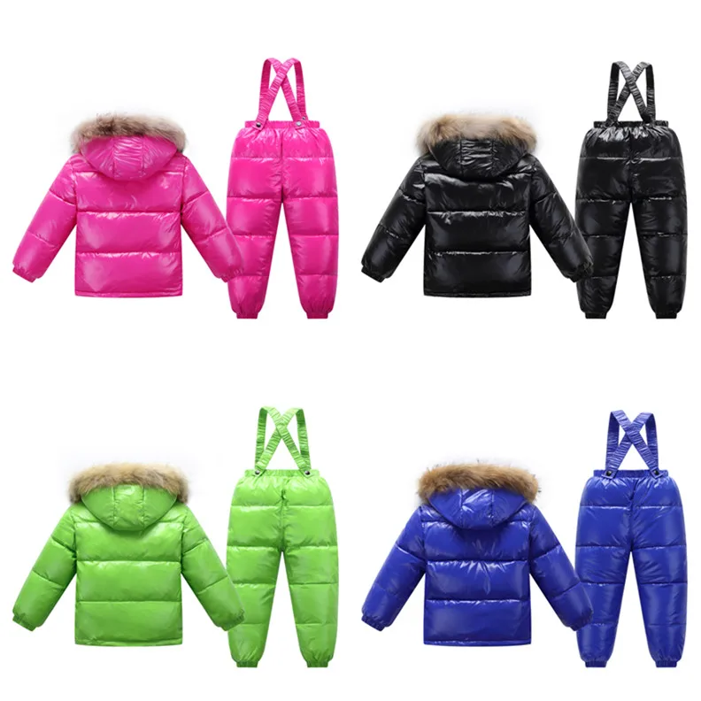 Russian winter children's clothing fashion shiny jackets for girls child coat boys winter jacket+ pant waterproof snow wear