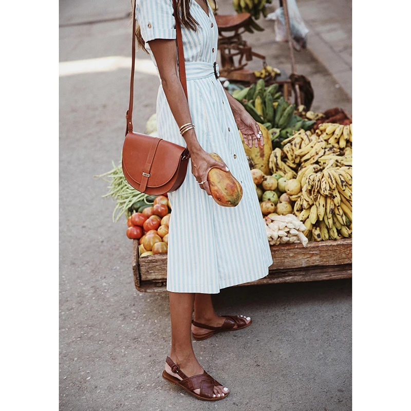 Women Summer Striped Dress Woman Sexy V-neck Short Sleeve Belt Dress Ladies Mid-calf Button Dress Holiday Boho Dresses Sundress