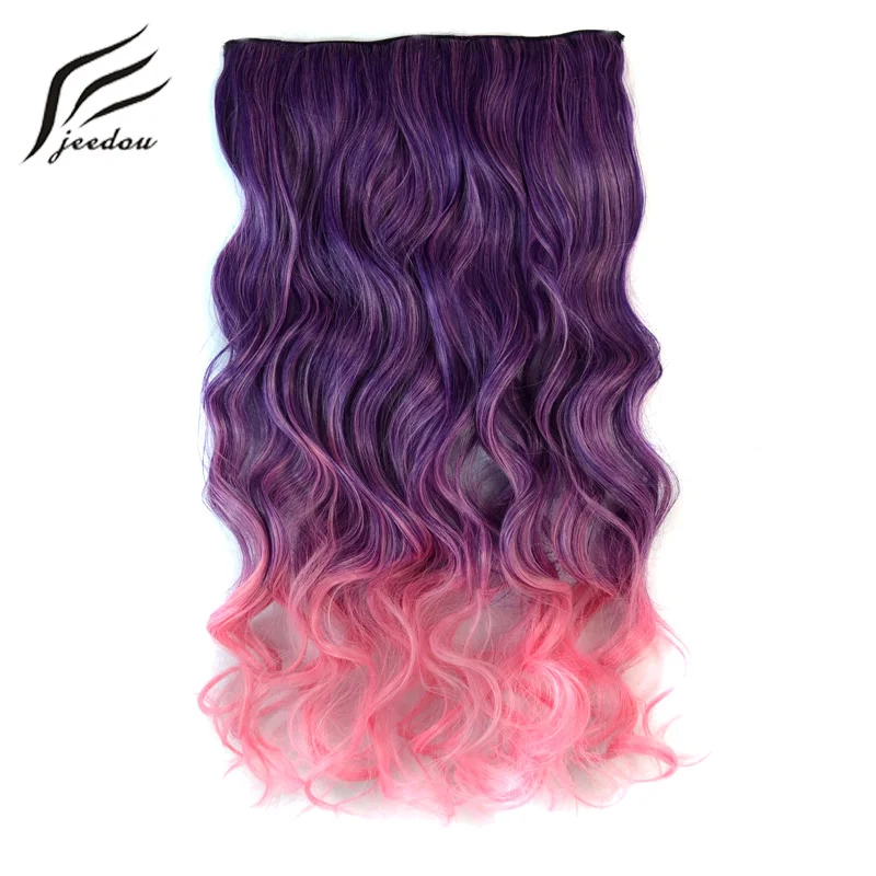 

jeedou Ombre Color Wavy Hair Clip in One Piece Hair Extensions 5Clips Black Pink Gradient Modern Night Club Cosplay Hairpieces