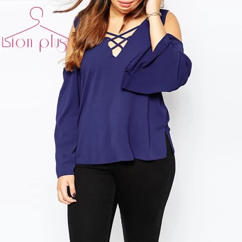 

women chiffon blouses Big Size 6xl 2016 Autumn Bust Belt Off Shoulder Blouse Shirt Women Fashion Solid V-Neck European Clothes