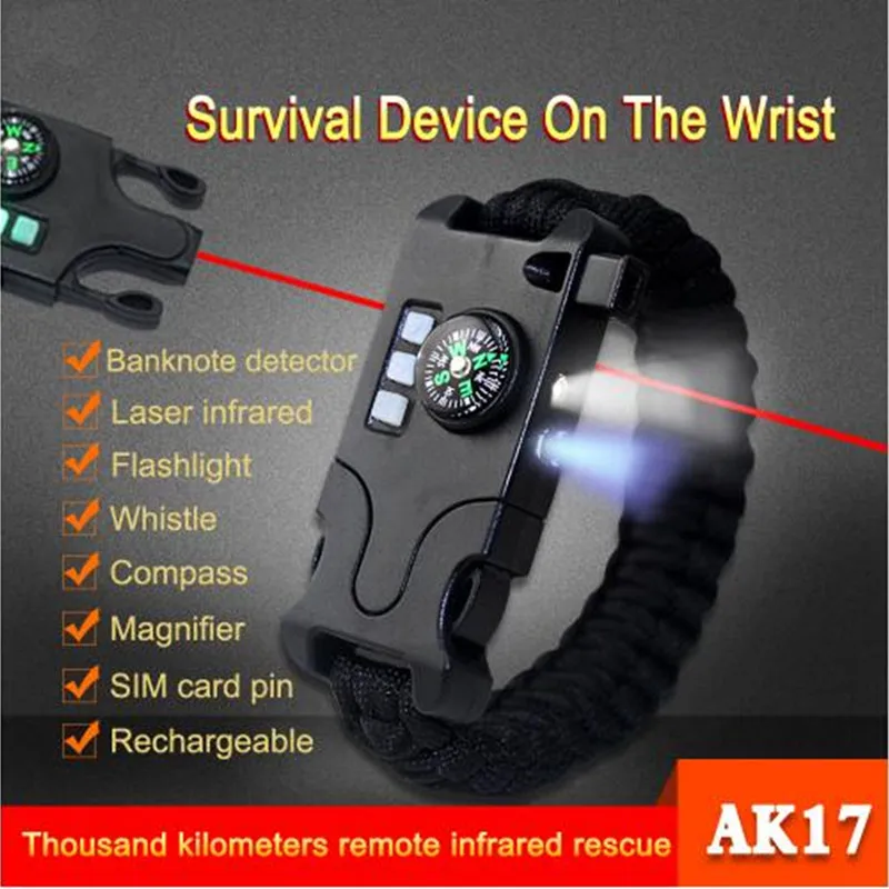 

Woven Rope Multifunctional Led party Wristband Emergency for Compass Whistle LED light bracelet party Luminous props