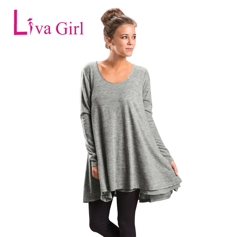 

LIVA GIRL Autumn Casual Womens T-Shirt O Neck Asymmetrical Hem Long Sleeve Tunic Tops Black Plus Size Shirts Solid Female Tops
