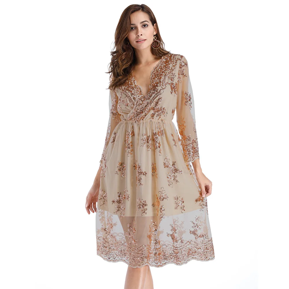 

Deep V-neck Cropped Sleeve Elastic Waist Sexy Dress vestidos2019 New Spring Summer Sequined