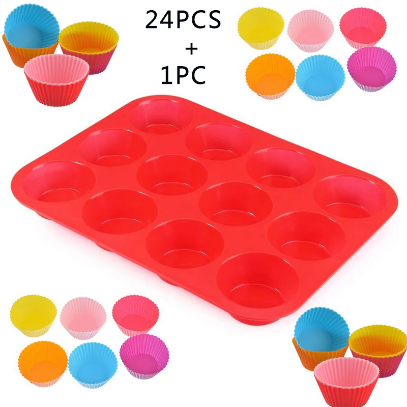 

Hoomall 1set 12 Even Cups Mini Non-stick Baking Mold Pan For Muffin Chocolate Cake + 24Pcs Round Silicone Muffin Cupcake Mould