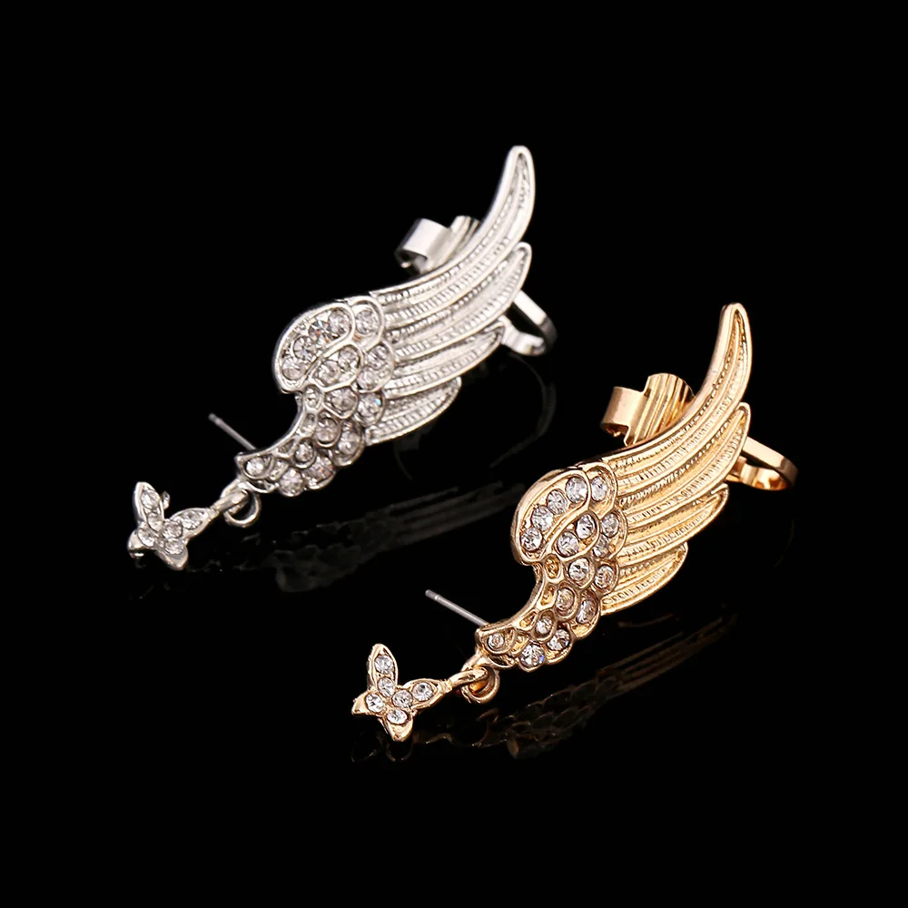 

New Fashion Gold Silver Plated Statement Ear Cuff Crystal Jewelry Women Party Gifts Full Rhinestone Wing Clip Earrings fashion